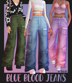 three different colored jeans are shown in front of a black background with the words blue blood jeans