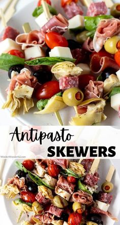 two plates with different types of food on them and the words antipasto skewers