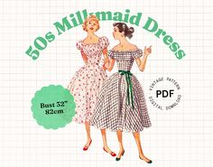 PDF Vintage Sewing Pattern for authentic 1950s Milkmaid dress. A flattering square neckline, puff sleeves, gathered bust, fitted midriff, and full circle skirt form this lovely 50s milkmaid dress. The skirt falls to mid-calf, there is a zipper in the side and the puff sleeves are elasticated. The neckline is bias bound. This dress can be worn on or off the shoulder, with or without a belt... and it has pockets. 💚 Includes all pattern pieces and instructions. Print at home or send it to your loc Circle Sleeves, Milkmaid Dress Pattern, Cottagecore Dress, Couture Vintage, Full Circle Skirts, Motif Vintage, Fall Skirts, Circle Skirt, Modern Pattern