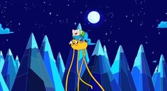 a cartoon character holding onto another character in front of some mountains and the night sky