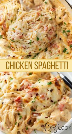 chicken spaghetti in a white bowl with the title above it, and an image of two plates