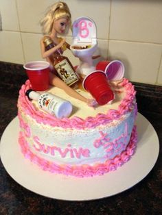 a barbie doll sitting on top of a cake with cupcakes and condiments