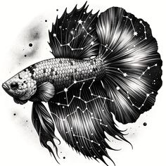 a black and white drawing of a fish with stars on it's back side