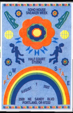 a blue poster with an orange flower and rainbow in the center, surrounded by other symbols