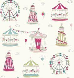 several carnival rides and carousels are depicted in this seamless pattern, which is perfect for any child's room