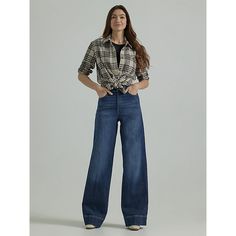 This denim makeover adds a modern twist to the trouser, complete with a high-rise fit, a billowy denim, and extra material below the hem that's the perfect length for your favorite high-heeled boots. Made from a soft cotton blend with just a hint of stretch, they're made to fit your body perfectly from the very first wear. 99% Cotton, 1% Spandex. Inner Strength Blue. 14 W / 30 Inches (S). Denim Blue Wide-leg Jeans For Fall, Elevated Casual Wide Leg Denim Flare Jeans, Casual Dark Wash Wide Leg Pants For Fall, Wide-leg Denim Blue Jeans For Fall, Trendy Denim Flare Jeans For Casual Wear, Fall Dark Wash Wide-leg Jeans, Chic Denim Jeans For Elevated Casual Occasions, Chic Denim Jeans For Elevated Casual Look, Dark Wash Cotton Wide Leg Pants For Fall