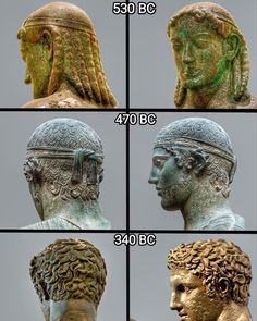 four different types of ancient statues with the same head and shoulders, all in gold and silver