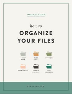 the cover of how to organize your files, with icons in different colors and sizes