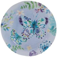 an image of a plate with butterflies on the front and back side, painted in blue