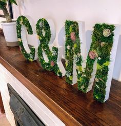 the letters are made out of moss and flowers on top of a fireplace mantel