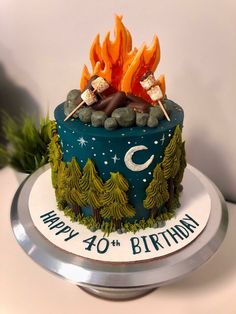 there is a birthday cake decorated with campfire and marshmallows on it