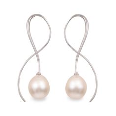 Sleek and poised, these pearl threader earrings are a fabulous choice she won't be able to resist. Crafted in sterling silver, each earring features a luminous 9.0-9.5mm oval-shaped cultured freshwater pearl suspended from a sculpted swirl ribbon. Buffed to a brilliant luster, these earrings secure with threader backs. Sterling Silver Threader Earrings With Pearl Drop, Elegant Sterling Silver Threader Earrings With Pearl Drop, Elegant Sterling Silver Teardrop Threader Earrings, Elegant Sterling Silver Round Threader Earrings, Elegant Sterling Silver Threader Earrings For Formal Occasion, Elegant Silver Threader Earrings With Pearl Drop, Formal Sterling Silver Threader Earrings, Elegant Threader Earrings For Anniversary, White Gold Oval Pearl Earrings