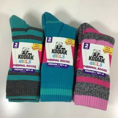 New 3 NEW KODIAK GIRLS THERMAL 2 PACK PINK,AQUA, BLACK STRIPE SOCKS SIZE M 10 1/2 -4 Thermal Socks, Stripe Socks, Striped Socks, Calf Socks, Girls Socks, Winter Glove, Black Stripes, 2 Pack, Socks