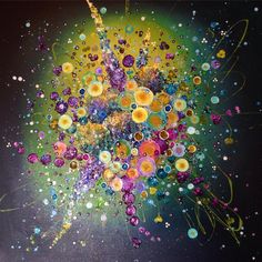 an abstract painting with lots of different colored dots and circles on black background, including yellow, green, blue, purple, and orange colors