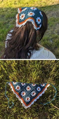 two pictures one with a crocheted bandana and the other with a crochet headband