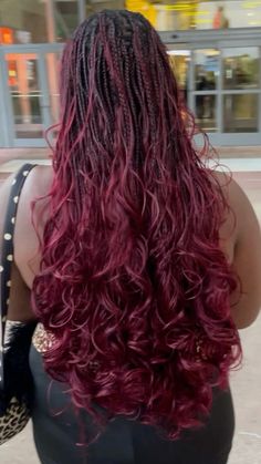 #goddessboxbraids Red Braids French Curls, Cherry Red Braids Black Women, Maroon Hair Braids, Maroon French Curls Braids, Red Ombré Braids, Red And Black Goddess Braids, Goddess French Curl Braids, Red Bohemian Braids