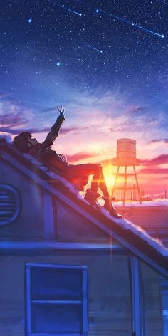 a person sitting on top of a roof with the sun setting in the sky behind them