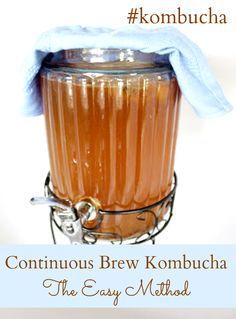 a glass jar filled with kombucha sitting on top of a metal rack