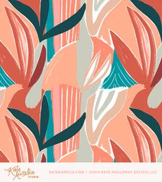 an abstract floral pattern in pink, blue and green