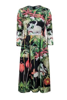 Current Boutique-Adam Lippes - Green, Black, & Multi Color Tropical Floral Print Dress Sz 4 Multicolor Floral Spring Evening Dress, Spring Evening Dress With Vibrant Print, Spring Evening Dresses With Vibrant Print, Black A-line Floral Dress, Green Tropical Dress With Vibrant Print, Multicolor Print Evening Dresses For Spring, Spring Evening Dresses In Multicolor Print, Tropical Green Dress With Vibrant Print, Spring Evening Multicolor Print Dresses