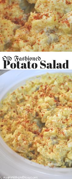 this is an image of two pictures of potato salad in a white bowl with the title above it