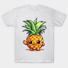 a cartoon pineapple with big eyes on it's face and arms, standing in front of a white t - shirt