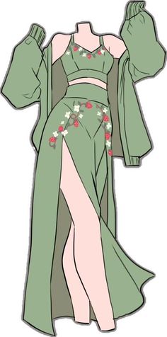 a drawing of a woman in a green dress with flowers on her skirt and long sleeves