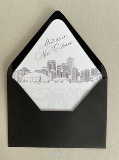 "PRINTED envelope liners for A7, A9, Square and A7+ envelopes. The envelope liner has a hand drawn illustration of the New Orleans skyline and the words \"meet us in New Orleans\" or other verbiage of your choosing. Choose your envelope liner size at checkout. If you need envelopes you can order those here: https://www.etsy.com/listing/1212786329/5x7-envelope-with-euro-flap-deep-v-flap I do offer other skylines as well, if you don't see a listing for the skyline you want please choose \"custom\" Moody Invitations, New Orleans Skyline, Retro Wedding Invitations, Envelope Liners Wedding