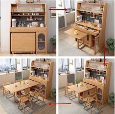 four different views of a small kitchen table and chairs with open shelves on each side