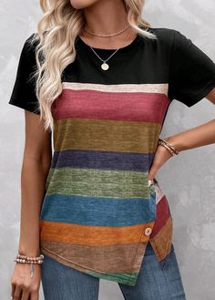 ROTITA Plus Size Patchwork Multi Color Striped T Shirt Trendy Tops For Women, Printed Sleeves, Color Stripes, Trendy Tops, Striped Shorts, Top Casual, Short Sleeve Blouse, Stripe Print, Plus Size Tops