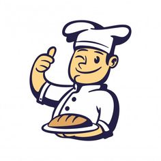 a chef holding a plate with bread on it and giving the thumbs up sign in front of him