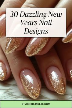 Countdown to midnight in style with these breathtaking New Year’s nail designs! Whether you love bold glitter or subtle shimmer, there’s a look for everyone. #NewYearsNailInspo #GlitzyNails #NYEParty New Years Elegant Nails, New Years Nails Ideas Simple, Holiday And New Years Nails, Festive Gold Nails, Almond New Years Eve Nails, New Years Nail Designs Chrome, Pretty New Years Nails, Christmas And New Year’s Eve Nails, Nude With Gold Glitter Nails