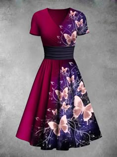 Dress With Butterflies, Butterfly Clothes, Gradient Butterfly, Patterned Midi Dress, Cute Prom Dresses, Pretty Prom Dresses, Classic Casual, Fantasy Dress, Red Midi Dress