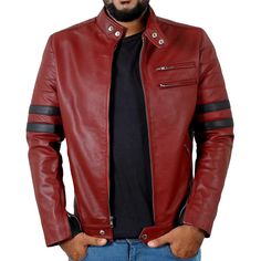 This maroon biker leather jacket is the perfect piece of clothing to add to your wardrobe. Made with real leather, this jacket is both stylish and durable. The quilted polyester lining ensures great comfort and warmth. The zipper closure, zipper cuffs, and stand collar give this jacket a sleek, classic look. It features a chest and two side waist pockets, perfect for storing all your essentials. The leather jacket with stripes on both sleeves gives this jacket a subtle but stylish touch.

This leather jacket is perfect for creating a classic, timeless look. Whether you're going for a casual look or a more dressy look, this jacket is the perfect addition to your outfit. With its durable and stylish design, this jacket is sure to last for years. Make a statement wherever you go by adding thi Mens Biker Jacket, Maroon Jacket, Black Biker Jacket, Celebrities Leather Jacket, Biker Jacket Men, Biker Leather Jacket, Motorcycle Jackets, Maroon Leather, Leather Jacket Style