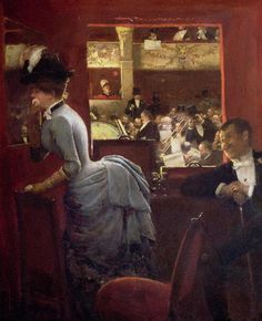 a painting of a man and woman sitting at a table in front of a crowd