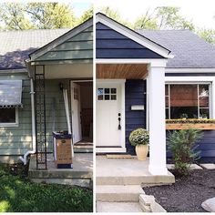 before and after photos of a blue house with white trim on the front door, side by side