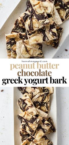 peanut butter chocolate frozen greek yogurt bark on a white plate with text overlay