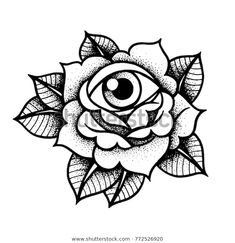 a rose with an eye on it's center and leaves around the petals, hand drawn