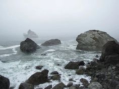 some rocks and water on a foggy day