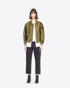 Layered Bomber Jacket-green #1 Varsity Jacket With Contrast Collar For Work, Spring Track Jacket With Zip Cuffs For Work, Casual Striped Cuff Outerwear For Work, Casual Outerwear With Striped Cuffs For Work, Spring Long Sleeve Track Jacket With Zip Cuffs, Menswear Women, Pinstripe Shirt, Phillip Lim, Seasonal Fashion