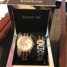 New Bebe Watch With Bracelet!! Never Worn!! Snake Skin Boots, Pretty Watches, Black Leather Watch, Crystal Watches, Rose Gold Watch, Silver Rhinestone, Pandora Bracelet, White Rose Gold, Michael Kors Watch