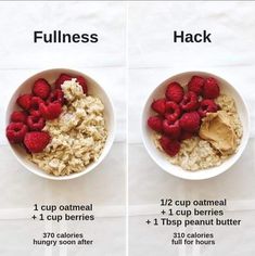 two bowls filled with oatmeal and raspberries next to each other