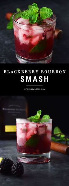 blackberry bourbon smash in a glass with mint garnish