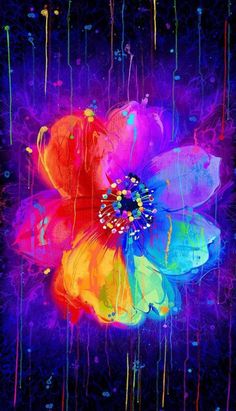 an abstract painting with multicolored flowers in the center and dripping paint on it