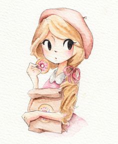 a watercolor painting of a girl eating doughnuts and holding a donut