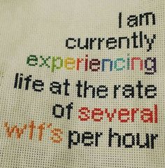 a cross stitch sample with the words i am currently experiencing life at the rate of several wit's per hour