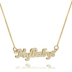 Every stylish woman should have a Custom Nameplate Necklace in their jewelry box. Not only do they look fashionable, but they look gorgeous on their own or layered up. This particular style features a font that is easy to read and that has a beautiful flow to it. The colors are all neutral metallics, which makes them very versatile. All of our name necklaces have a polished surface so that they gleam beautifully in the light. If you are on the hunt for a thoughtful gift for a loved one, this wou Elegant Gold Necklaces With Letter Print, Elegant Gold Necklace With Letter Print, Trendy Name Necklace For Mother's Day, Trendy Rose Gold Necklace For Mother's Day, Elegant Party Name Necklace With Clavicle Chain, Rose Gold Name Necklace For Party, Elegant Name Necklace For Party, Elegant Custom Name Necklace For Party, Elegant Jewelry With Letter Print For Gift