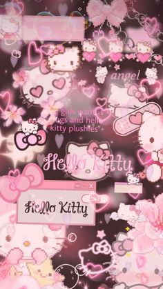 hello kitty wallpaper with pink hearts and flowers on the bottom right corner is an image of hello kitty