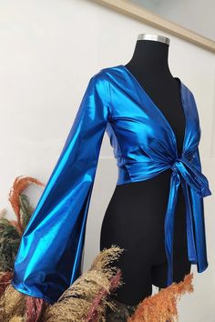 Women's Wrap Front Tie Crop Top in Royal Blue Bell Sleeve - Etsy Turkey Metallic Blue Outfit, Blue Disco Outfit, Long Sleeve Wrap Top For Spring Party, Spring Party Long Sleeve Wrap Top, Party V-neck Blouse With Faux Wrap, Party V-neck Faux Wrap Blouse, Summer Wrap Top For Party, Summer Party Wrap Top, Faux Wrap Blouse For Parties