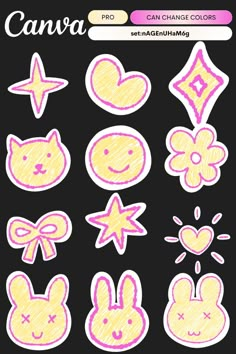 some stickers that have been drawn on the back of a blackboard with pink and yellow